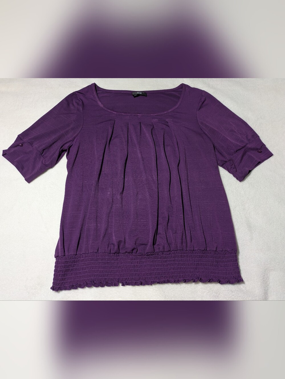 AGB Women's Purple Scoop Neck Blouse - Size XL (Pleated Front, Smocked Hem)